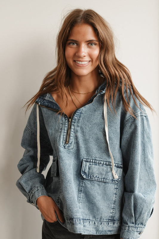 DENIM LONG SLEEVE HOODIE