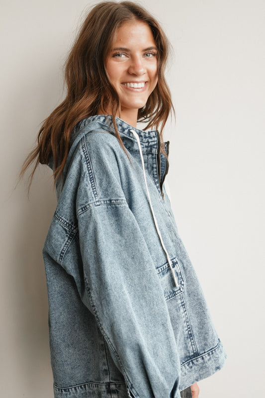 DENIM LONG SLEEVE HOODIE