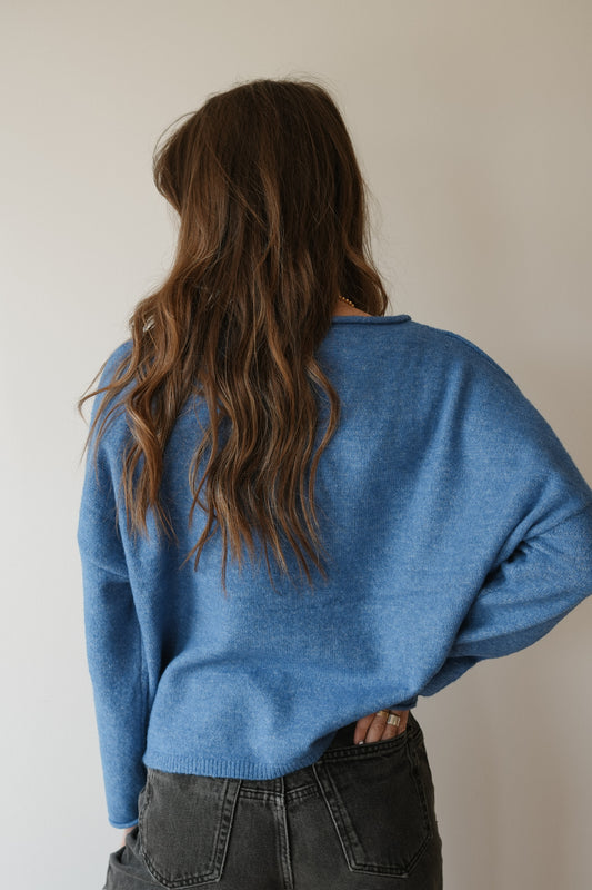 ROLLED NECK KNIT PULLOVER - BLUE
