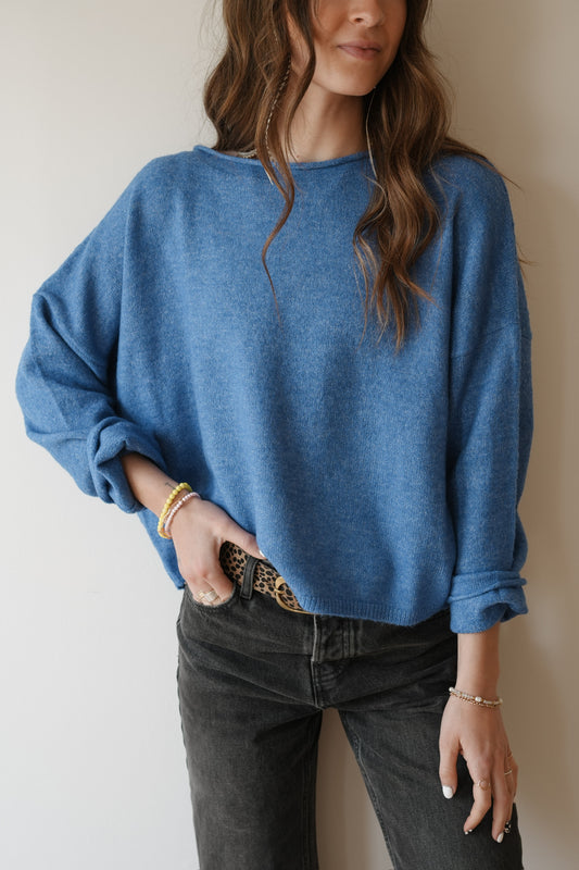 ROLLED NECK KNIT PULLOVER - BLUE